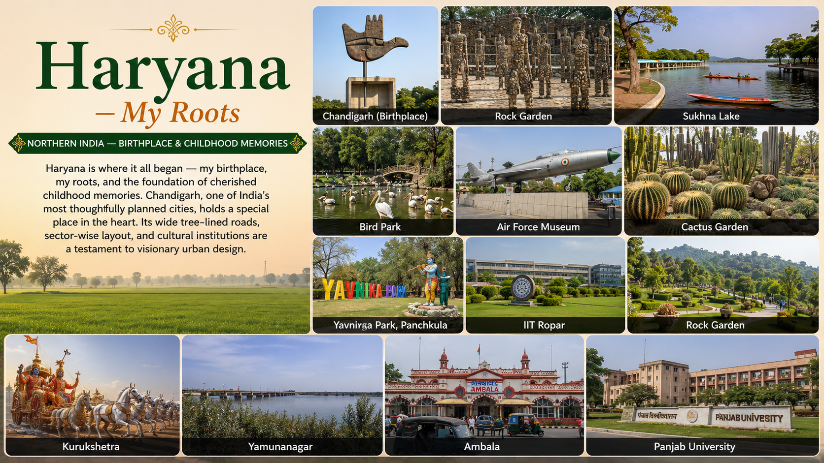 Urban and cultural scenes representing Haryana and Chandigarh